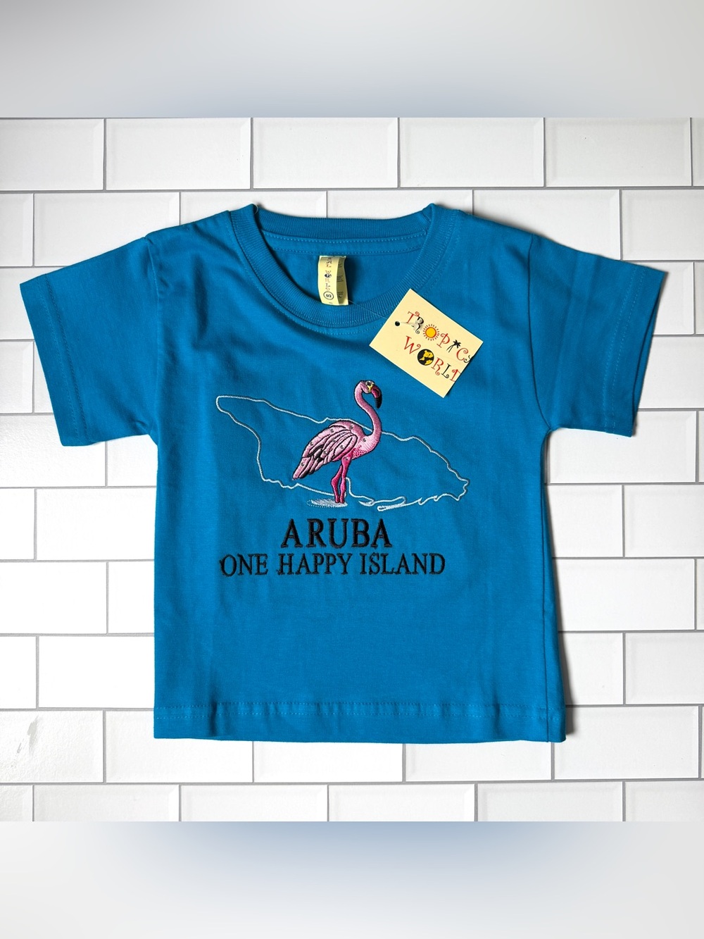18M🦩Aruba Flamingo Embroidered Graphic Tee - Vibrant Blue w/ Gems Sparkle